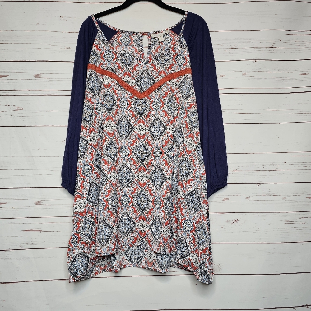 Weekend by Suzanne Betro Boho Printed Tunic with Navy Raglan Sleeves